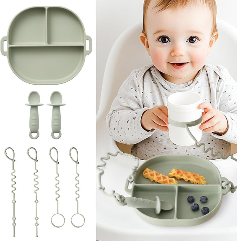 YIVEKO Baby Plates with Suction Silicone Baby Spoons Divided Baby Plates Silicone Baby Safety Toy Straps Baby Bottle Bungees Baby Feeding Set All-in-one-Sage - Image 1